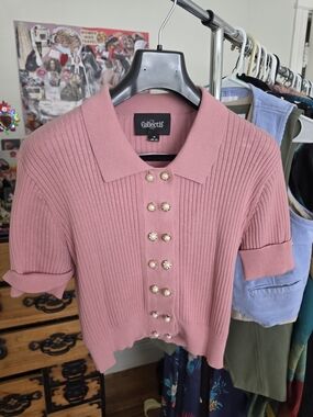 Collectif Dusty Rose Ribbed Pearl-Button Polo Cardigan
